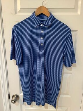 Johnnie-O Men’s M Blue White Striped Performance Polo Shirt Golf Casual
